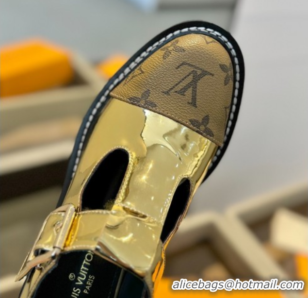 Stylish Louis Vuitton Leather and Monogram Canvas Platform Mary Janes Loafers Gold 0222039