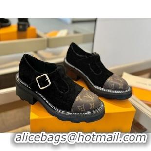 Good Product Louis Vuitton Suede and Monogram Canvas Platform Mary Janes Loafers Black 0222040