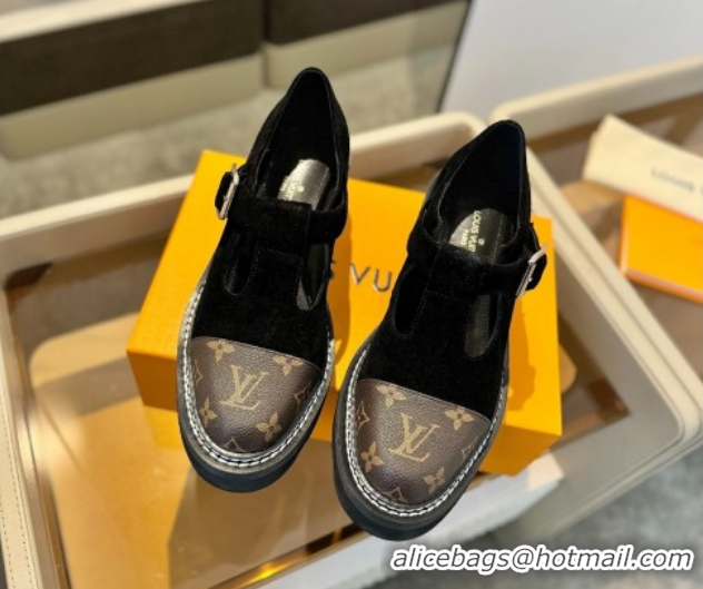 Good Product Louis Vuitton Suede and Monogram Canvas Platform Mary Janes Loafers Black 0222040