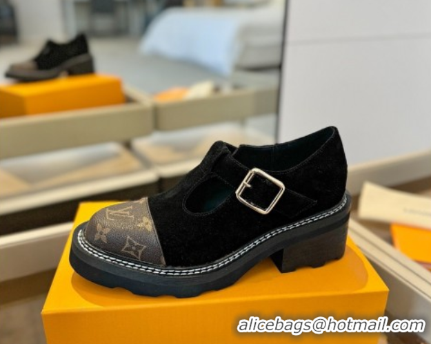 Good Product Louis Vuitton Suede and Monogram Canvas Platform Mary Janes Loafers Black 0222040