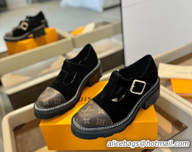 Good Product Louis Vuitton Suede and Monogram Canvas Platform Mary Janes Loafers Black 0222040