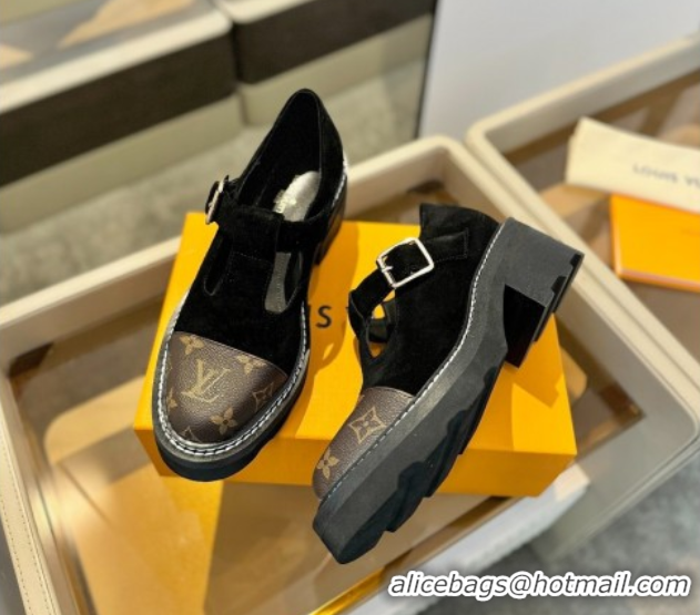 Good Product Louis Vuitton Suede and Monogram Canvas Platform Mary Janes Loafers Black 0222040