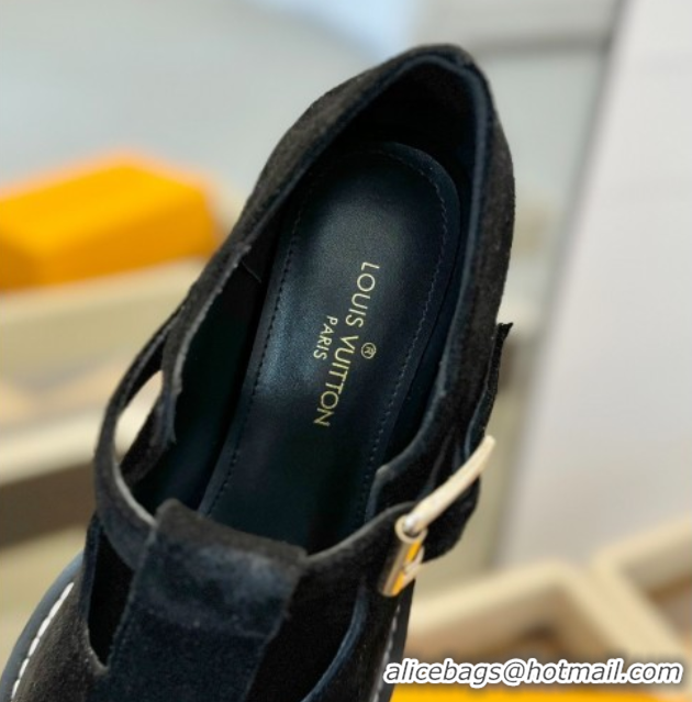 Good Product Louis Vuitton Suede and Monogram Canvas Platform Mary Janes Loafers Black 0222040
