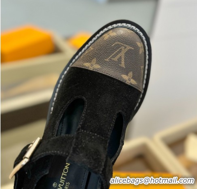 Good Product Louis Vuitton Suede and Monogram Canvas Platform Mary Janes Loafers Black 0222040