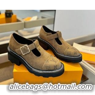 Luxury Discount Louis Vuitton Suede and Monogram Canvas Platform Mary Janes Loafers Brown 0222041