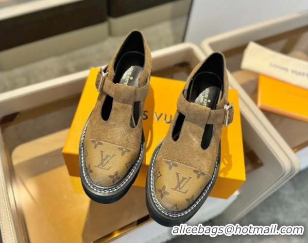 Luxury Discount Louis Vuitton Suede and Monogram Canvas Platform Mary Janes Loafers Brown 0222041