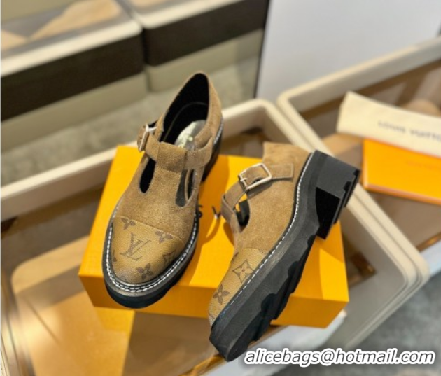 Luxury Discount Louis Vuitton Suede and Monogram Canvas Platform Mary Janes Loafers Brown 0222041