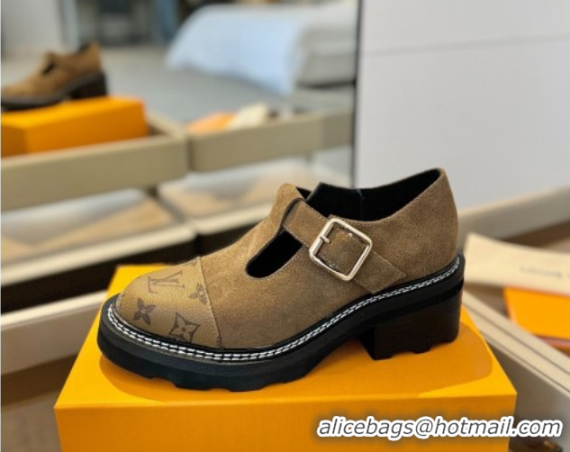 Luxury Discount Louis Vuitton Suede and Monogram Canvas Platform Mary Janes Loafers Brown 0222041