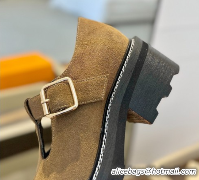 Luxury Discount Louis Vuitton Suede and Monogram Canvas Platform Mary Janes Loafers Brown 0222041