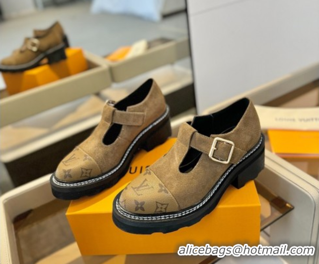 Luxury Discount Louis Vuitton Suede and Monogram Canvas Platform Mary Janes Loafers Brown 0222041
