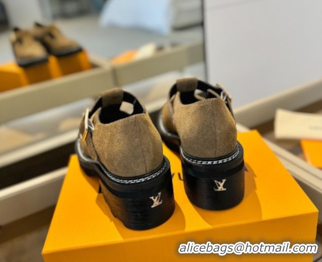 Luxury Discount Louis Vuitton Suede and Monogram Canvas Platform Mary Janes Loafers Brown 0222041