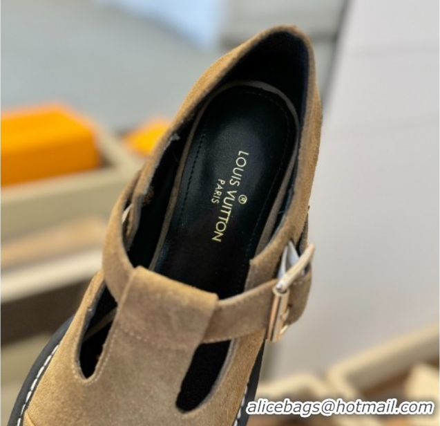 Luxury Discount Louis Vuitton Suede and Monogram Canvas Platform Mary Janes Loafers Brown 0222041
