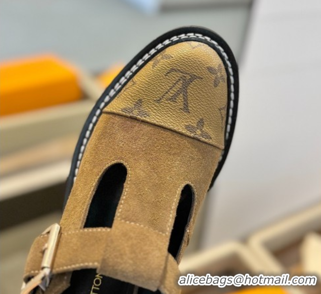 Luxury Discount Louis Vuitton Suede and Monogram Canvas Platform Mary Janes Loafers Brown 0222041