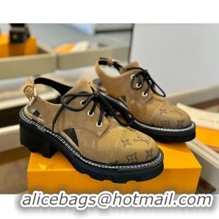 Grade Louis Vuitton Open Back Lace-up Shoes in Suede and Monogram Canvas Brown 0222042