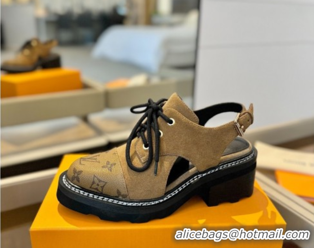 Grade Louis Vuitton Open Back Lace-up Shoes in Suede and Monogram Canvas Brown 0222042