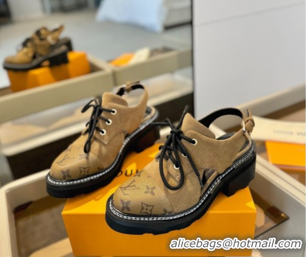 Grade Louis Vuitton Open Back Lace-up Shoes in Suede and Monogram Canvas Brown 0222042