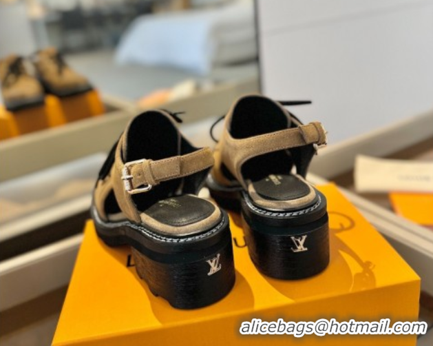 Grade Louis Vuitton Open Back Lace-up Shoes in Suede and Monogram Canvas Brown 0222042
