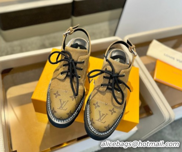 Grade Louis Vuitton Open Back Lace-up Shoes in Suede and Monogram Canvas Brown 0222042