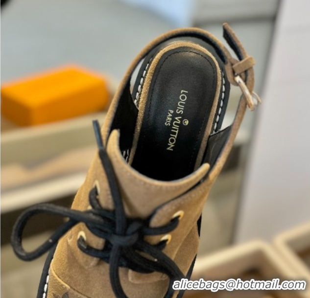 Grade Louis Vuitton Open Back Lace-up Shoes in Suede and Monogram Canvas Brown 0222042