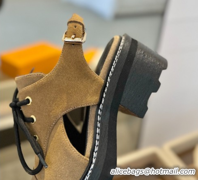 Grade Louis Vuitton Open Back Lace-up Shoes in Suede and Monogram Canvas Brown 0222042