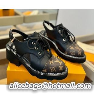 Top Design Louis Vuitton Open Back Lace-up Shoes in Leather and Monogram Canvas Black 0222043