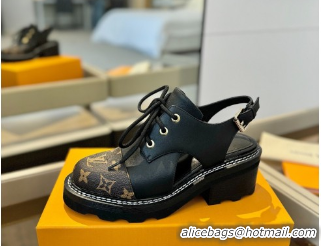 Top Design Louis Vuitton Open Back Lace-up Shoes in Leather and Monogram Canvas Black 0222043