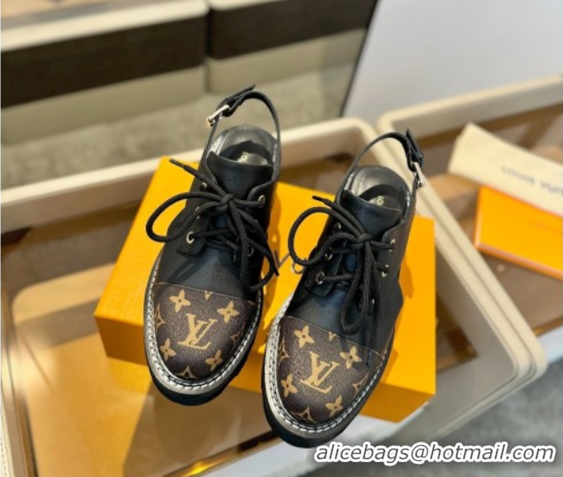 Top Design Louis Vuitton Open Back Lace-up Shoes in Leather and Monogram Canvas Black 0222043