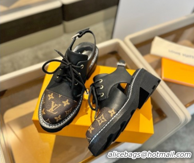 Top Design Louis Vuitton Open Back Lace-up Shoes in Leather and Monogram Canvas Black 0222043