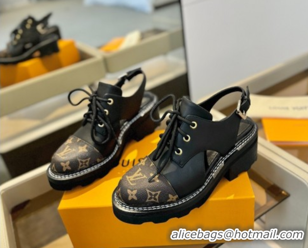 Top Design Louis Vuitton Open Back Lace-up Shoes in Leather and Monogram Canvas Black 0222043