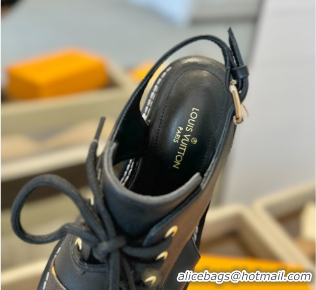 Top Design Louis Vuitton Open Back Lace-up Shoes in Leather and Monogram Canvas Black 0222043