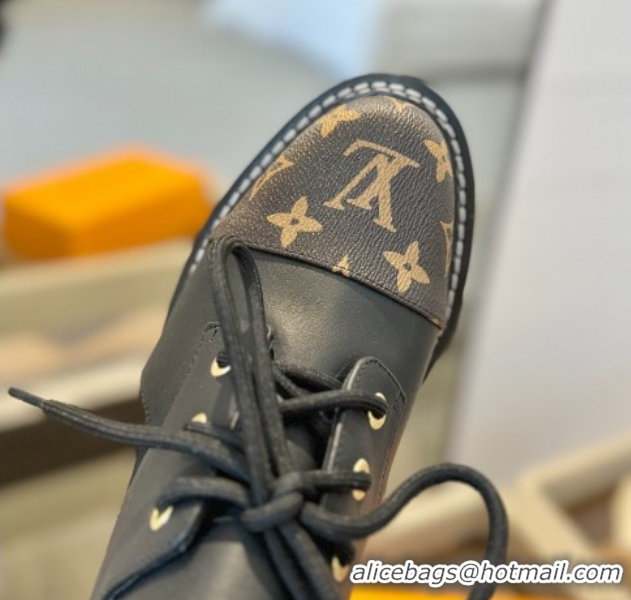 Top Design Louis Vuitton Open Back Lace-up Shoes in Leather and Monogram Canvas Black 0222043