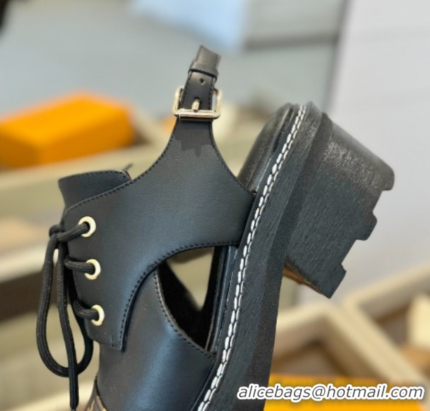 Top Design Louis Vuitton Open Back Lace-up Shoes in Leather and Monogram Canvas Black 0222043