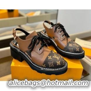 Luxury Cheap Louis Vuitton Open Back Lace-up Shoes in Leather and Monogram Canvas Brown 0222044