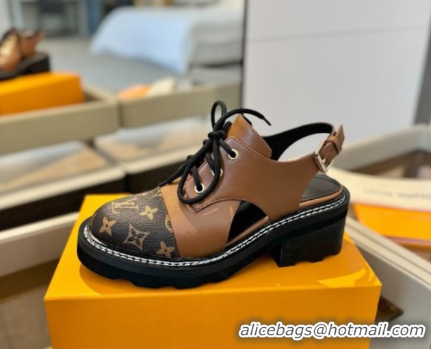 Luxury Cheap Louis Vuitton Open Back Lace-up Shoes in Leather and Monogram Canvas Brown 0222044