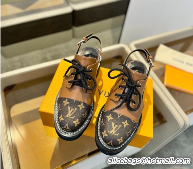 Luxury Cheap Louis Vuitton Open Back Lace-up Shoes in Leather and Monogram Canvas Brown 0222044