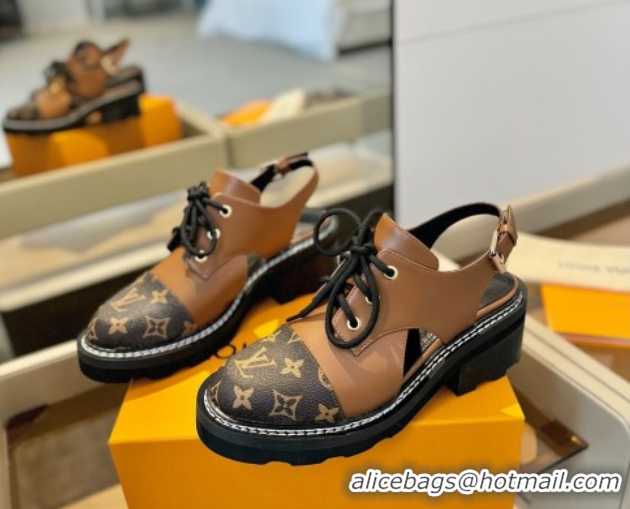 Luxury Cheap Louis Vuitton Open Back Lace-up Shoes in Leather and Monogram Canvas Brown 0222044