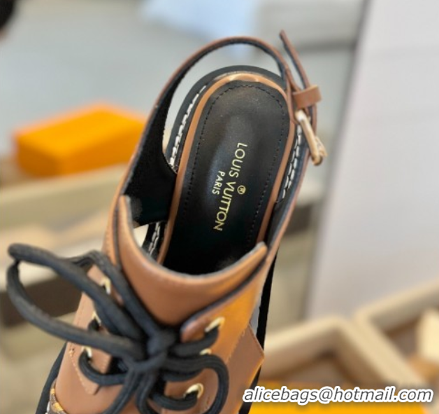 Luxury Cheap Louis Vuitton Open Back Lace-up Shoes in Leather and Monogram Canvas Brown 0222044