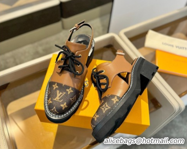 Luxury Cheap Louis Vuitton Open Back Lace-up Shoes in Leather and Monogram Canvas Brown 0222044