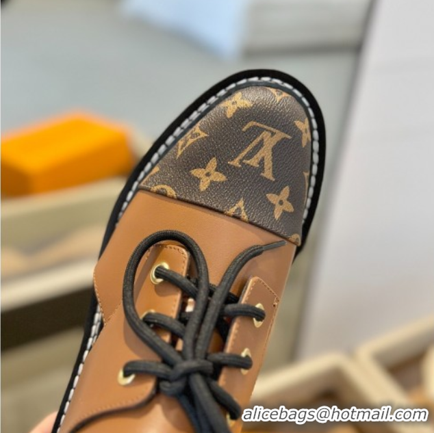 Luxury Cheap Louis Vuitton Open Back Lace-up Shoes in Leather and Monogram Canvas Brown 0222044