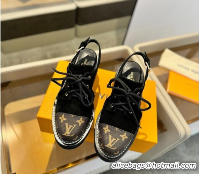 Cheap Price Louis Vuitton Open Back Lace-up Shoes in Suede and Monogram Canvas Black 0222045