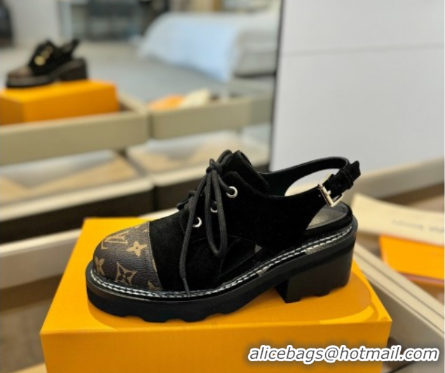 Cheap Price Louis Vuitton Open Back Lace-up Shoes in Suede and Monogram Canvas Black 0222045