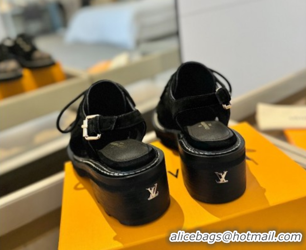 Cheap Price Louis Vuitton Open Back Lace-up Shoes in Suede and Monogram Canvas Black 0222045