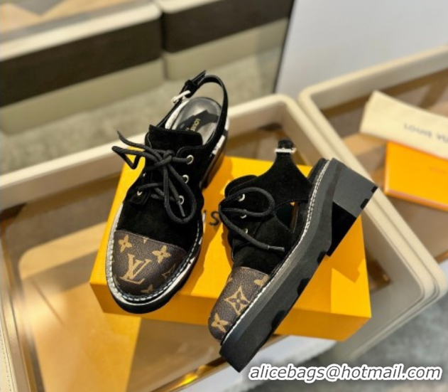 Cheap Price Louis Vuitton Open Back Lace-up Shoes in Suede and Monogram Canvas Black 0222045