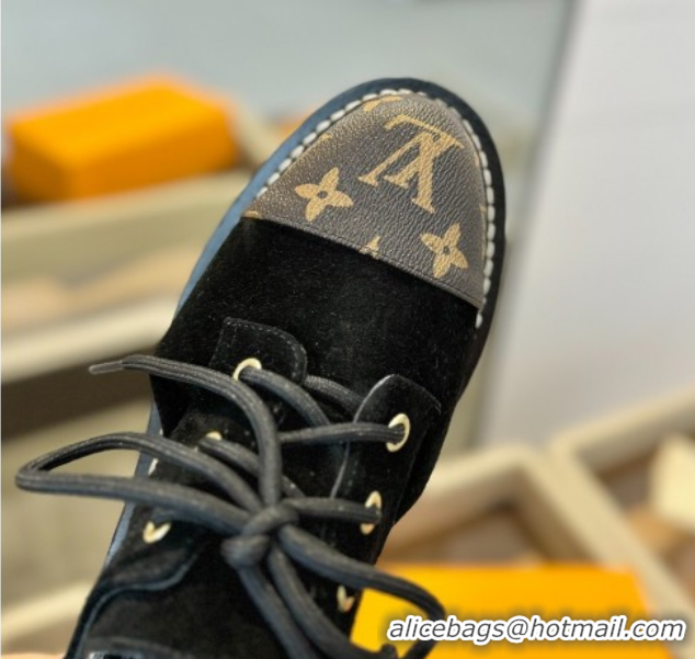 Cheap Price Louis Vuitton Open Back Lace-up Shoes in Suede and Monogram Canvas Black 0222045