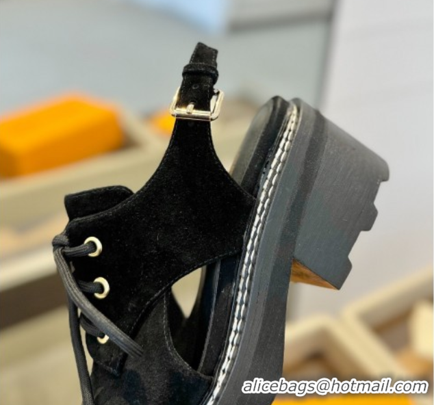 Cheap Price Louis Vuitton Open Back Lace-up Shoes in Suede and Monogram Canvas Black 0222045