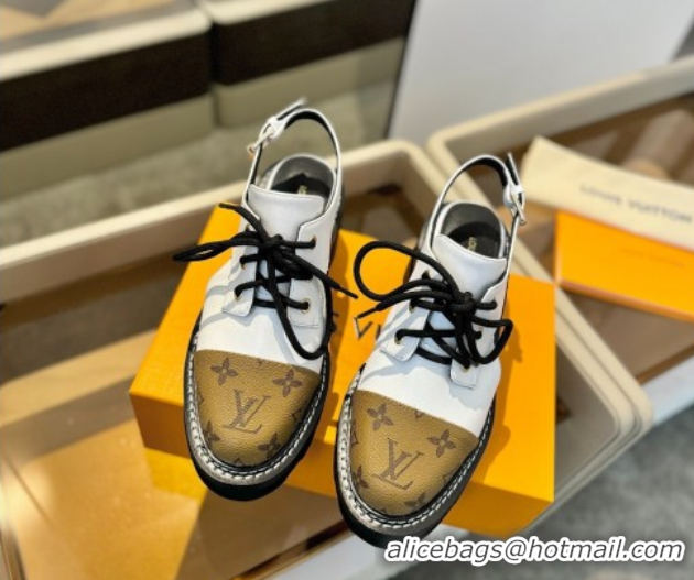 Big Discount Louis Vuitton Open Back Lace-up Shoes in Leather and Monogram Canvas White 0222046