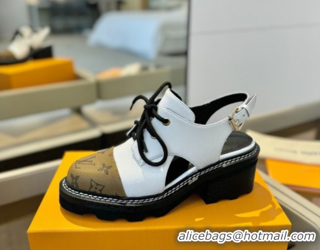 Big Discount Louis Vuitton Open Back Lace-up Shoes in Leather and Monogram Canvas White 0222046