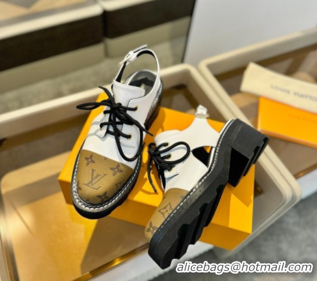 Big Discount Louis Vuitton Open Back Lace-up Shoes in Leather and Monogram Canvas White 0222046