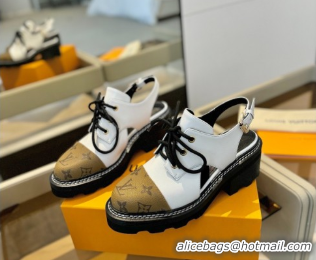 Big Discount Louis Vuitton Open Back Lace-up Shoes in Leather and Monogram Canvas White 0222046