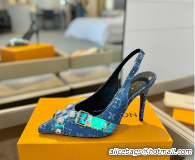 Sumptuous Louis Vuitton Monogram Denim Slingback Pumps 9.5cm with Studs Blue 0222048